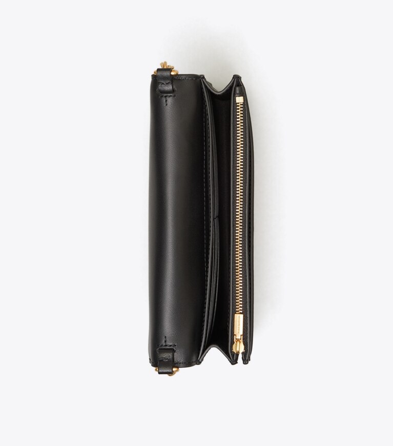 Tory Burch designer mini sacs Portefeuille à bandoulière Fleming en cuir souple in Black angle