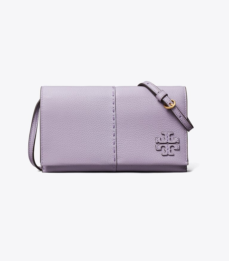 Tory Burch designer mini sacs Portefeuille à bandoulière McGraw in Thistle angle