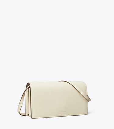 Tory Burch designer mini sacs Portefeuille à bandoulière Romy in Light Cream angle