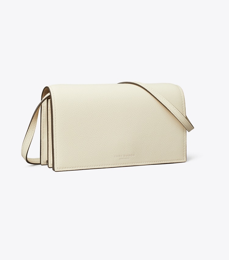 Tory Burch designer mini sacs Portefeuille à bandoulière Romy in Light Cream angle