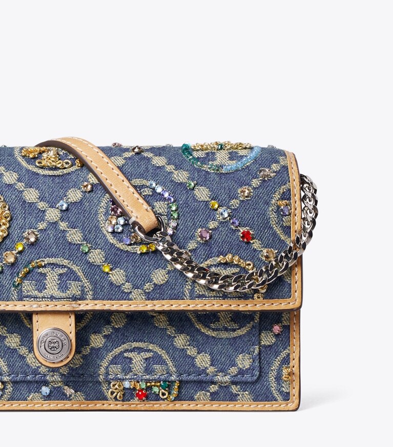 Tory Burch designer sacs à bandoulière Portefeuille à bandoulière T Monogram embossé contrastant dans Deep Royal détails