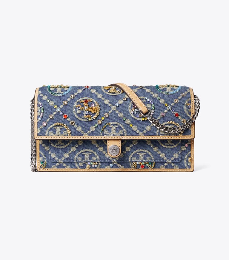 Tory Burch designer sacs à bandoulière Portefeuille à bandoulière T Monogram embossé contrastant dans Deep Royal de face