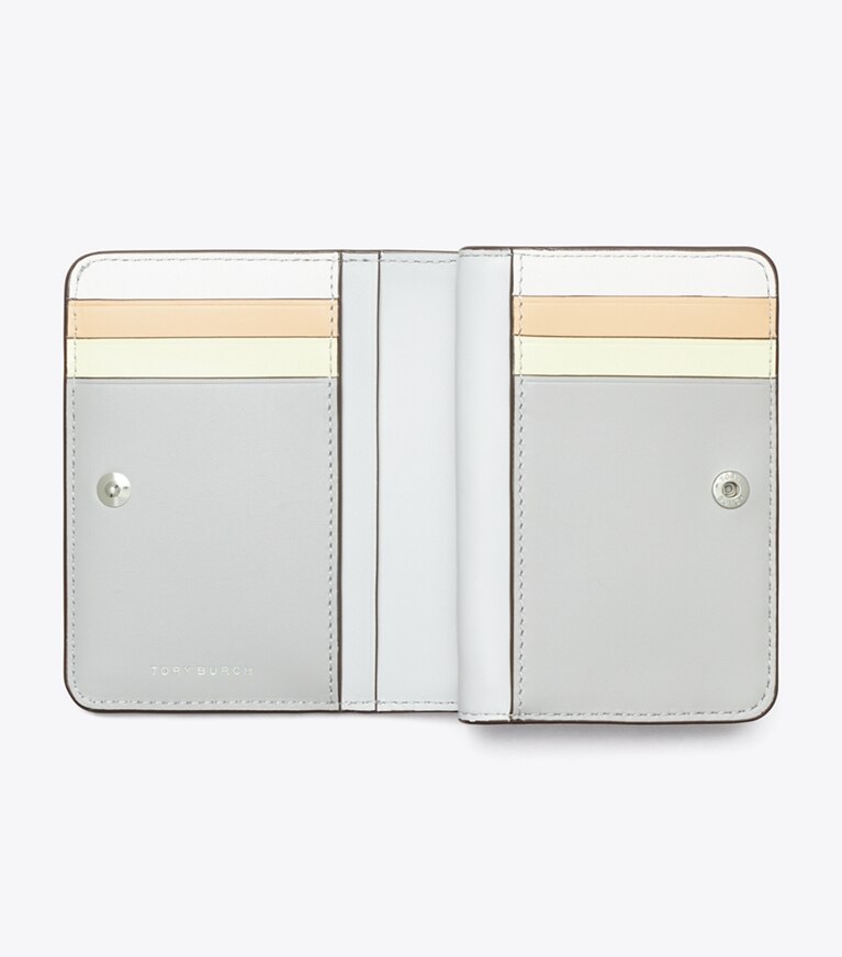Tory Burch designer portefeuilles Portefeuille à deux volets Robinson en cuir grainé dans Light Granite vue du dessus