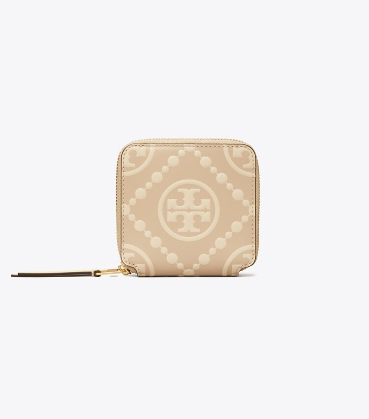 Tory Burch designer portefeuilles Portefeuille à deux volets T Monogram embossé contrastant dans LONGAN / NEW CREAM de face