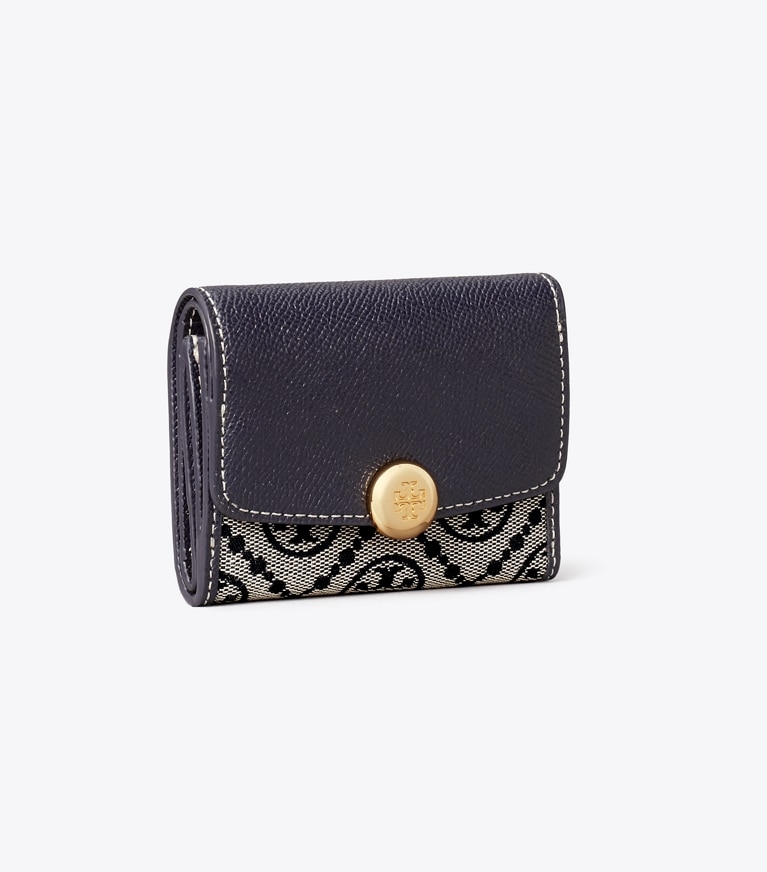 Tory Burch designer portefeuilles Portefeuille à rabat Romy T Monogram dans Tory Navy angle