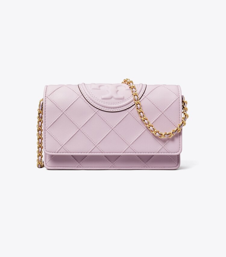 Tory Burch designer mini sacs Portefeuille chaîne Fleming en cuir souple in Pale Purple front