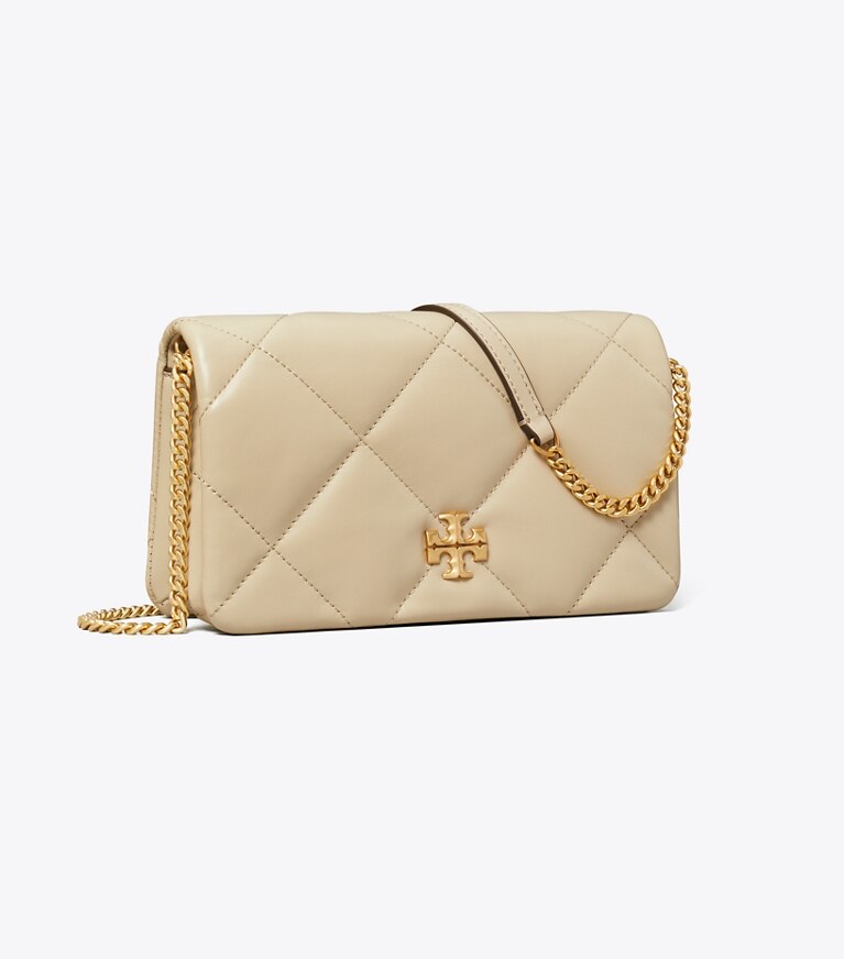 Tory Burch designer mini sacs Portefeuille chaîne Kira à matelassage losange in Light Stone angle