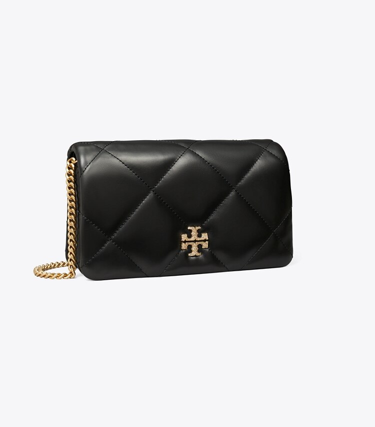 Tory Burch designer mini sacs Portefeuille chaîne Kira à matelassage losange et logo pavé de cristaux in Black angle