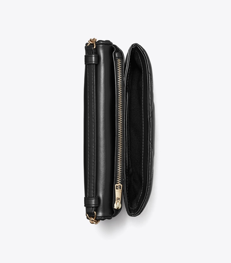 Tory Burch designer mini sacs Portefeuille chaîne Kira à matelassage losange et logo pavé de cristaux in Black angle