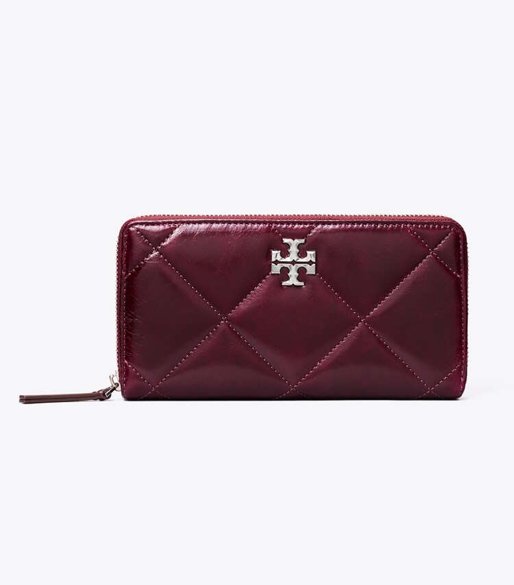 Tory Burch designer portefeuilles Portefeuille continental à glissière Kira matelassé losange effet vieilli dans Dark Carmine de face