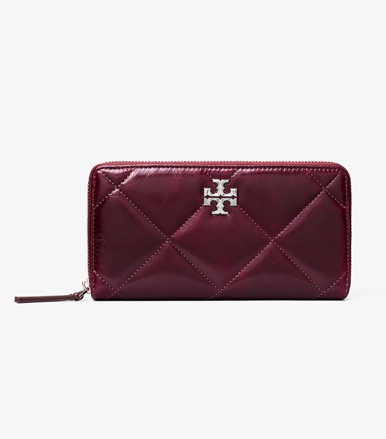 Tory Burch designer portefeuilles Portefeuille continental à glissière Kira matelassé losange effet vieilli dans Dark Carmine de face
