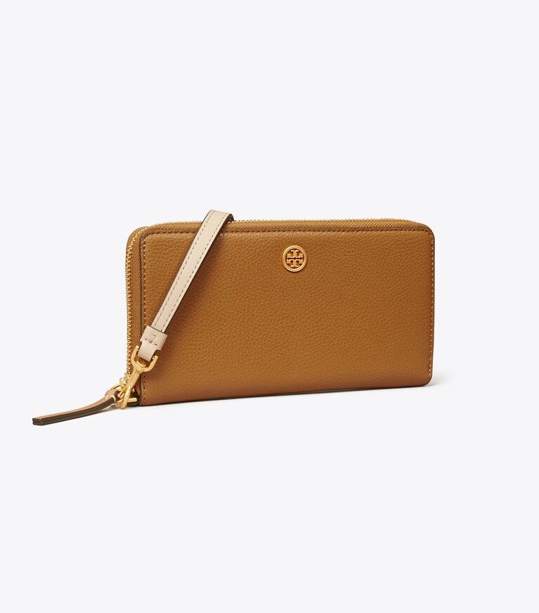Tory Burch designer portefeuilles Portefeuille continental à glissière Robinson grainé dans Tiger'S Eye angle