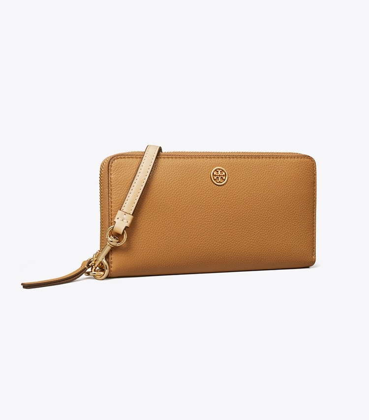 Tory Burch designer portefeuilles Portefeuille continental à glissière Robinson grainé dans Tiramisu angle