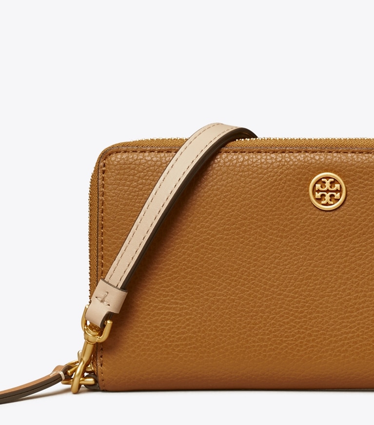 Tory Burch designer portefeuilles Portefeuille continental à glissière Robinson grainé dans Tiger'S Eye détails