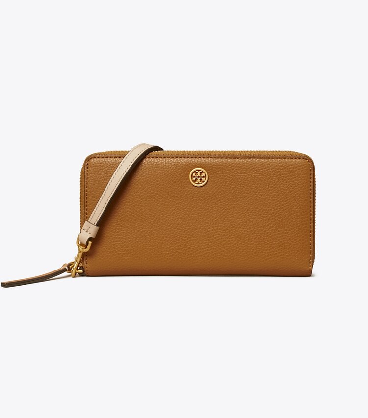 Tory Burch designer portefeuilles Portefeuille continental à glissière Robinson grainé dans Tiger'S Eye de face