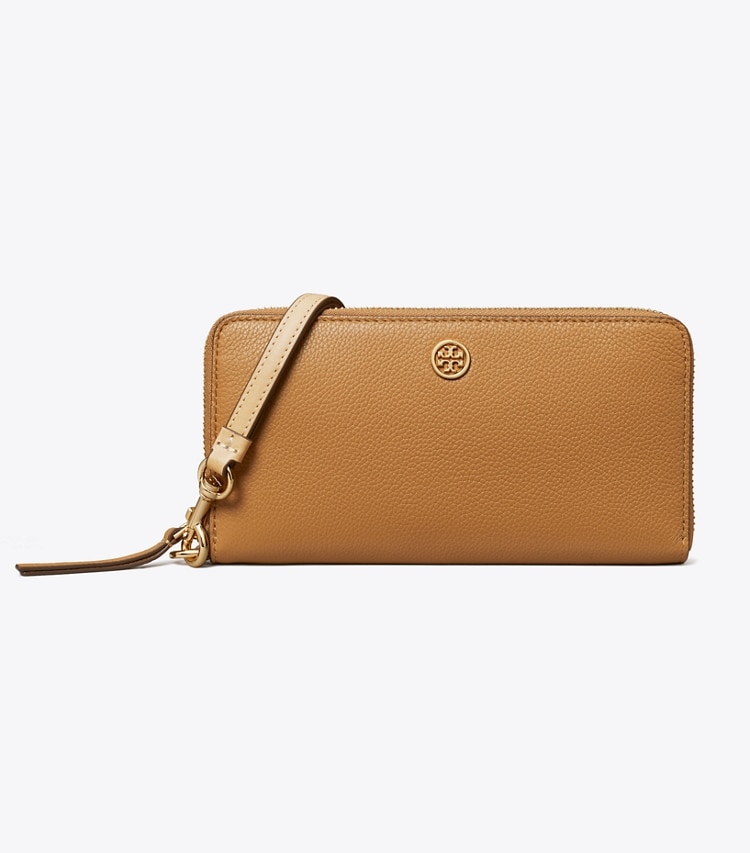 Tory Burch designer portefeuilles Portefeuille continental à glissière Robinson grainé dans Tiramisu de face