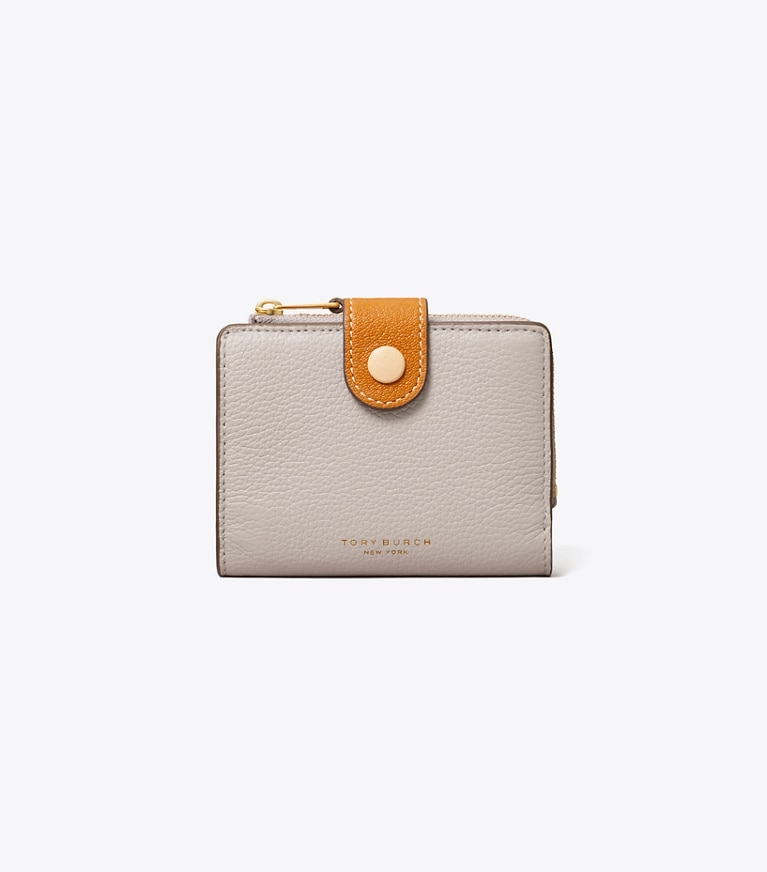 Tory Burch designer portefeuilles Portefeuille deux volets à blocs de couleurs dans Bay Gray Multi de face