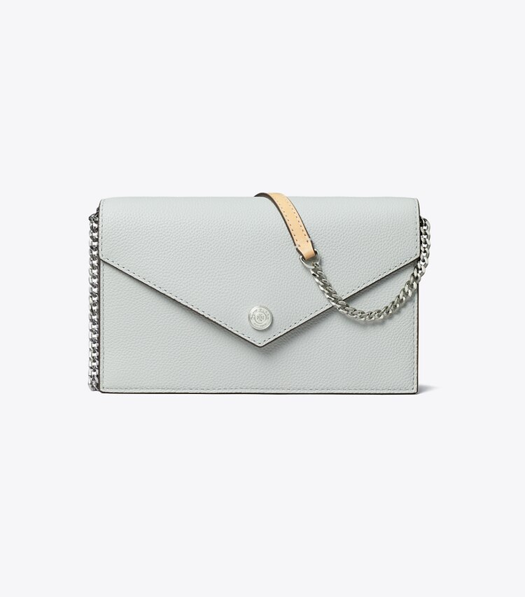 Tory Burch designer sacs à bandoulière Portefeuille enveloppe à chaîne grainé dans Light Titanium de face