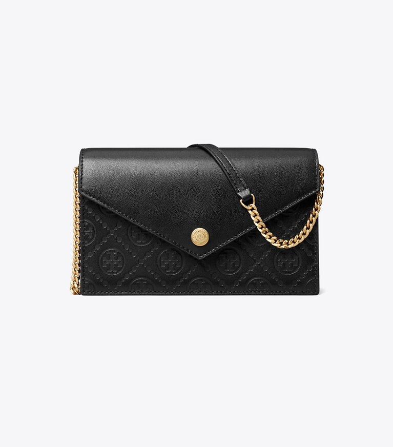 Tory Burch designer sacs à bandoulière Portefeuille enveloppe en cuir à chaîne à motif T Monogram dans Black de face