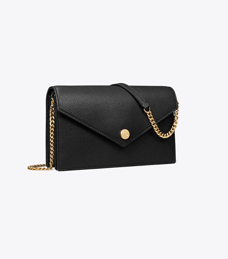 Tory Burch designer mini sacs Portefeuille enveloppe en cuir grainé avec chaîne in Black angle