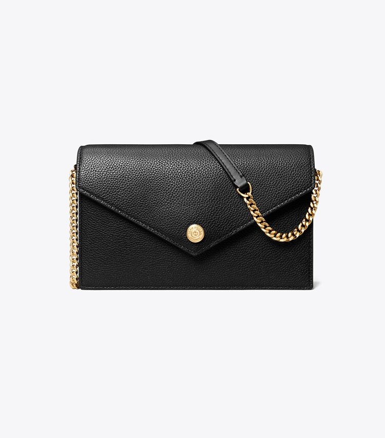 Tory Burch designer mini sacs Portefeuille enveloppe en cuir grainé avec chaîne in Black front