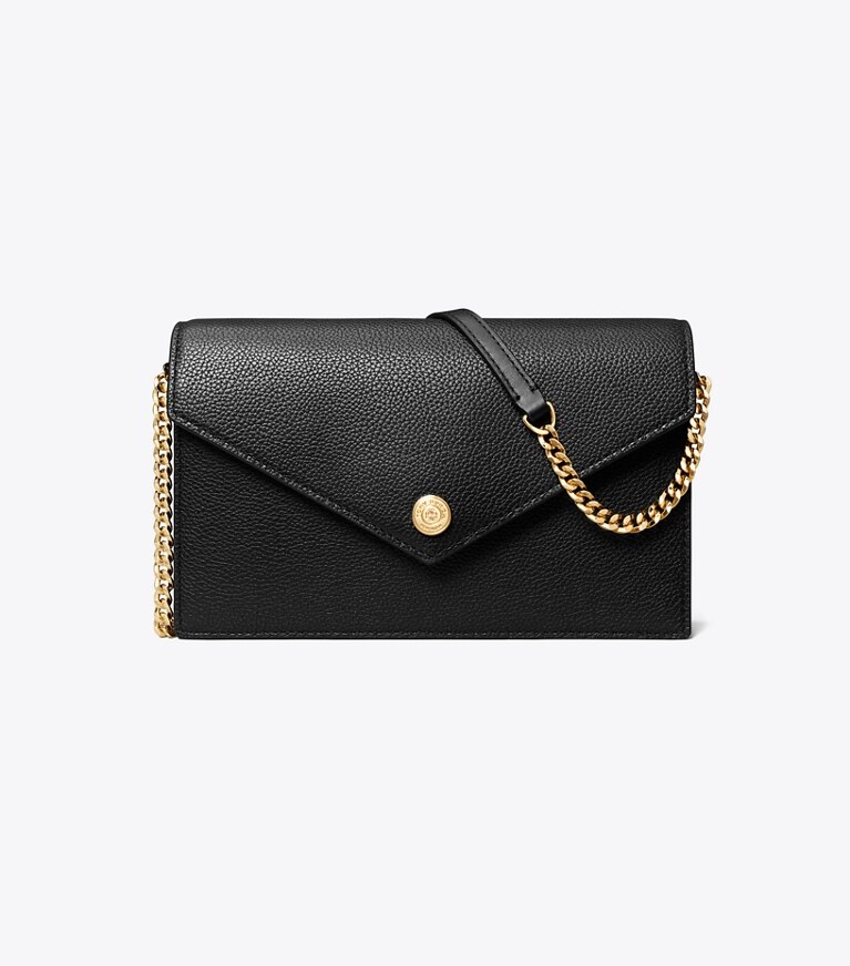 Tory Burch designer mini sacs Portefeuille enveloppe en cuir grainé avec chaîne in Black angle