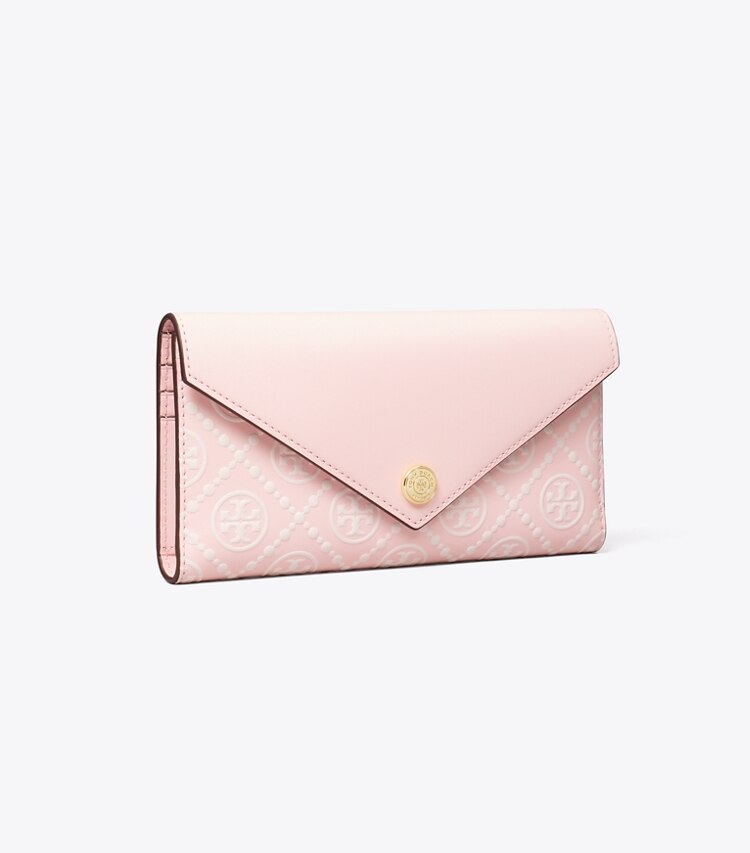 Tory Burch designer portefeuilles Portefeuille enveloppe T Monogram en cuir embossé contrastant in Powder Pink / New Cream angle