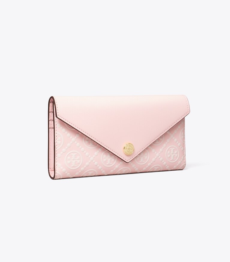 Tory Burch designer portefeuilles Portefeuille enveloppe T Monogram en cuir embossé contrastant in Powder Pink / New Cream angle