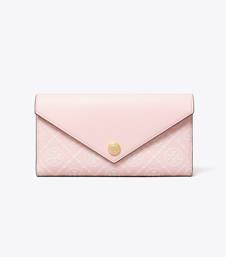 Tory Burch designer portefeuilles Portefeuille enveloppe T Monogram en cuir embossé contrastant in Powder Pink / New Cream front