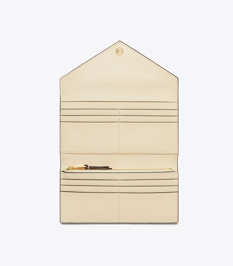 Tory Burch designer portefeuilles Portefeuille enveloppe T Monogram en cuir embossé contrastant in Black / NEW CREAM dessus