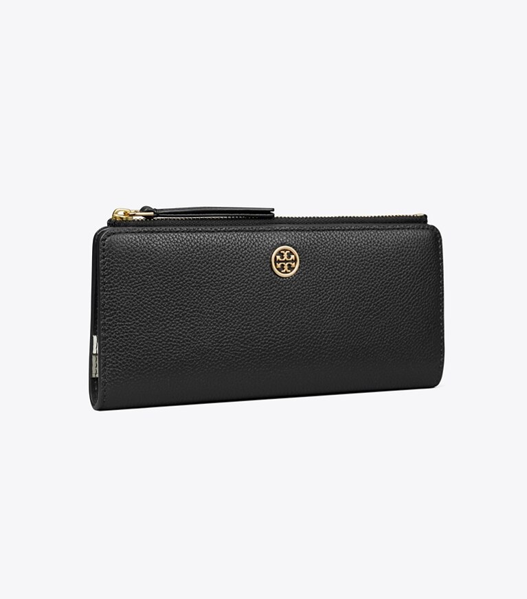 Tory Burch designer portefeuilles Portefeuille fin zippé Robinson en cuir grainé in Black angle