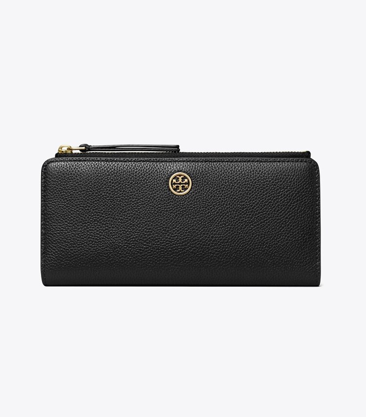 Tory Burch designer portefeuilles Portefeuille fin zippé Robinson en cuir grainé in Black front