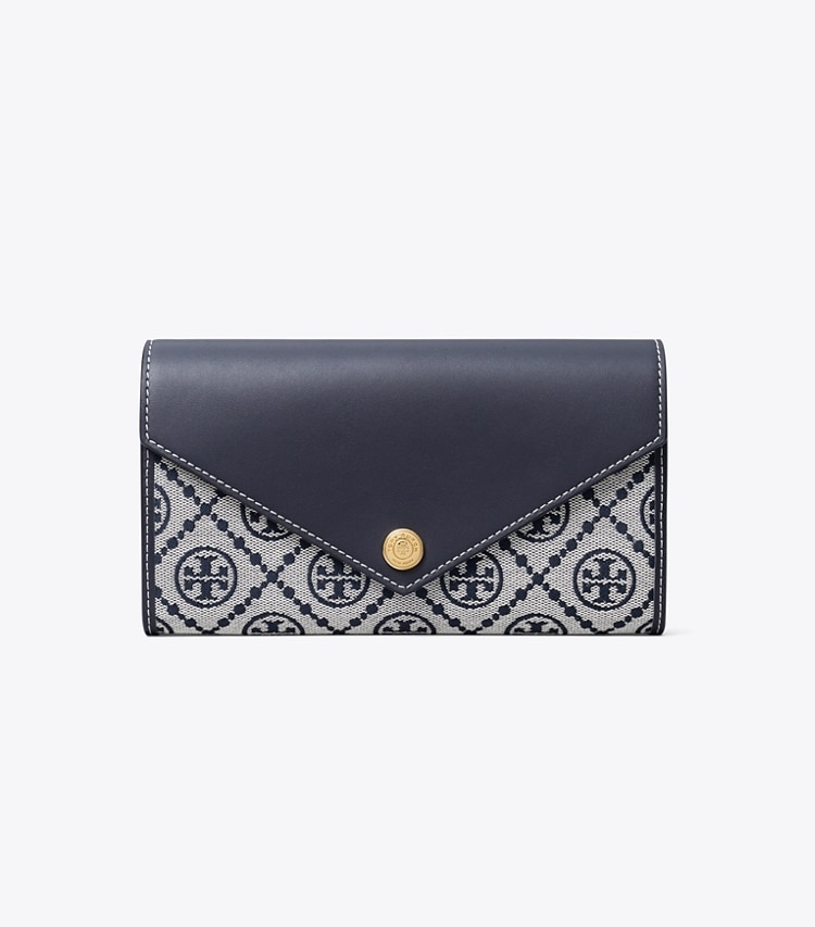 Tory Burch designer portefeuilles Portefeuille large T Monogram dans Tory Navy de face