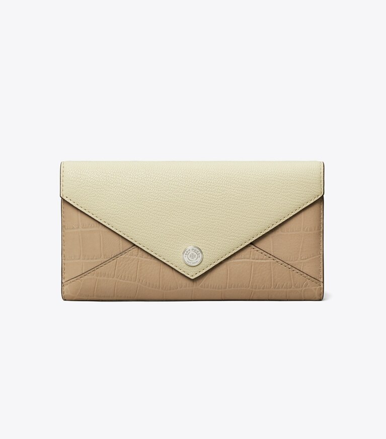 Tory Burch designer portefeuilles Portefeuille long à blocs de couleurs dans Soft Custard Multi de face