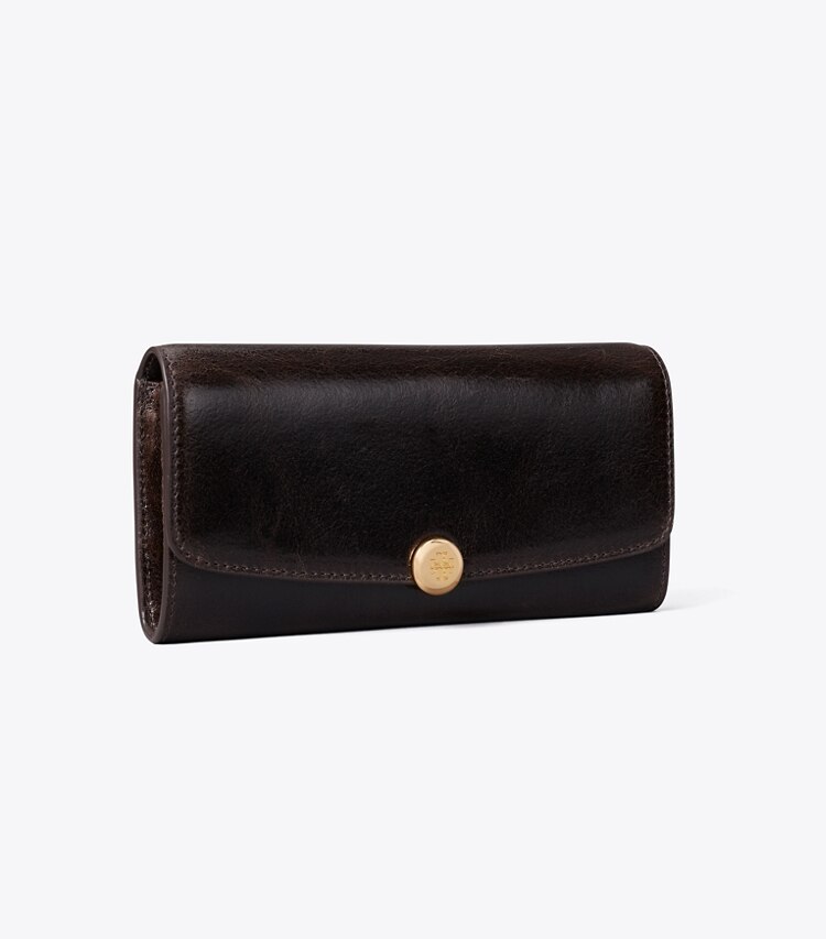 Tory Burch designer portefeuilles Portefeuille long à rabat Romy effet vieilli dans Dark Roast angle
