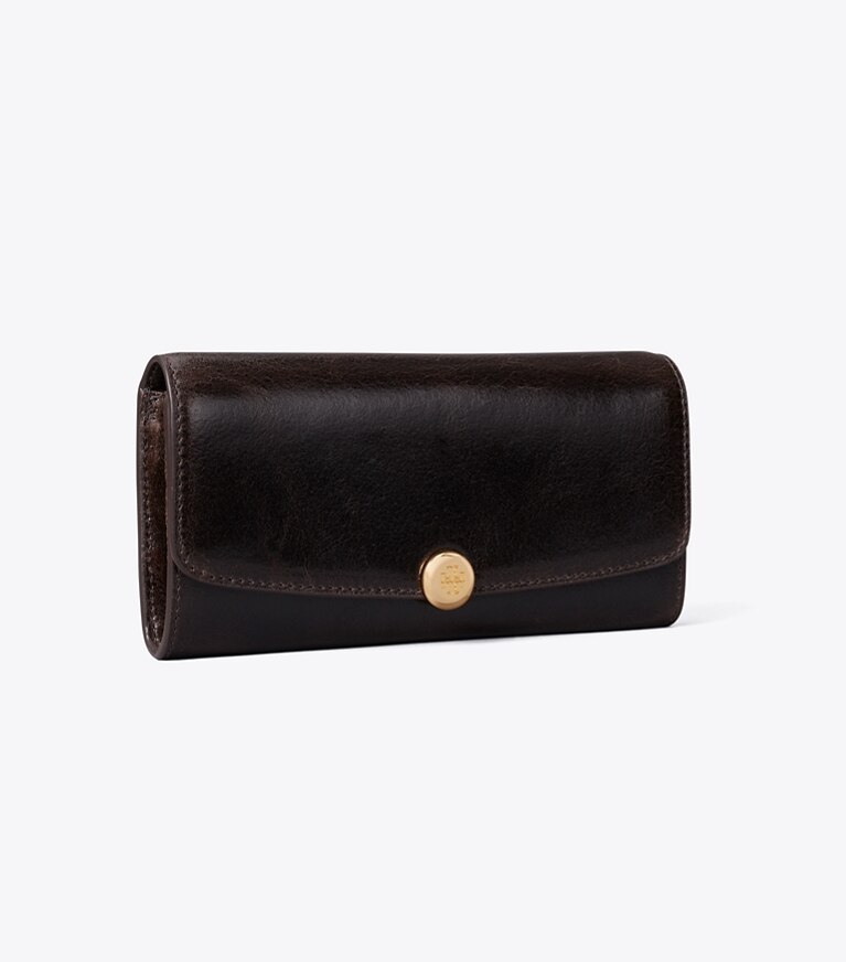 Tory Burch designer portefeuilles Portefeuille long à rabat Romy effet vieilli dans Dark Roast angle