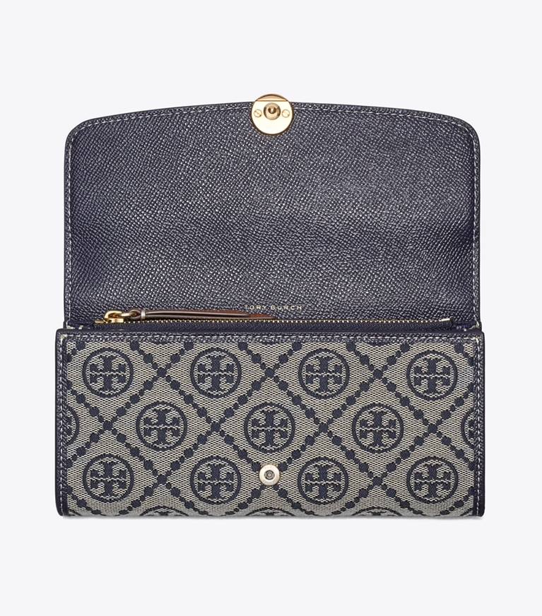 Tory Burch designer portefeuilles Portefeuille long à rabat T Monogram Romy dans Tory Navy vue du dessus