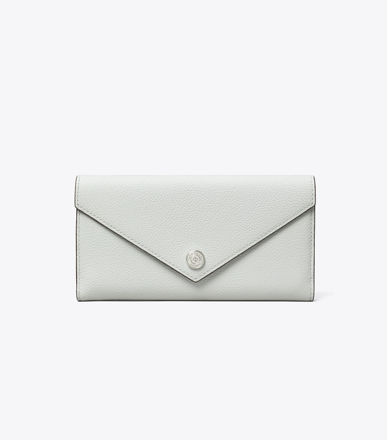 Tory Burch designer portefeuilles Portefeuille long enveloppe grainé dans Light Titanium de face