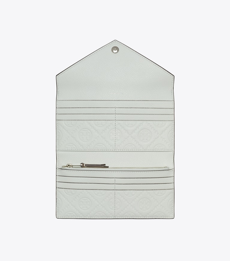 Tory Burch designer portefeuilles Portefeuille long enveloppe grainé dans Light Titanium vue du dessus