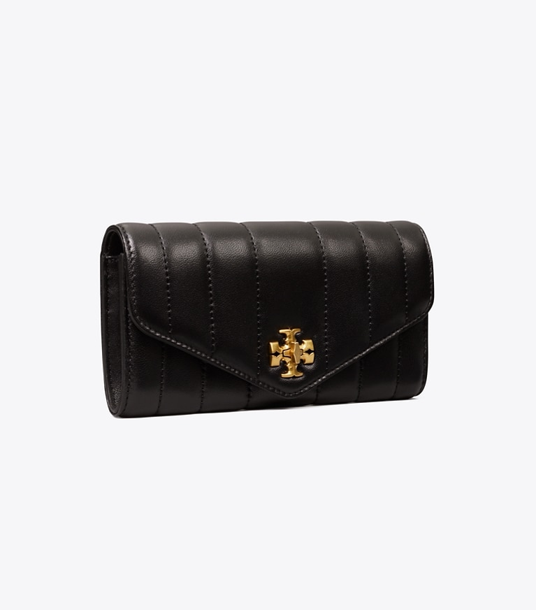 Tory Burch designer portefeuilles Portefeuille matelassé Kira dans Black / Rolled Gold angle