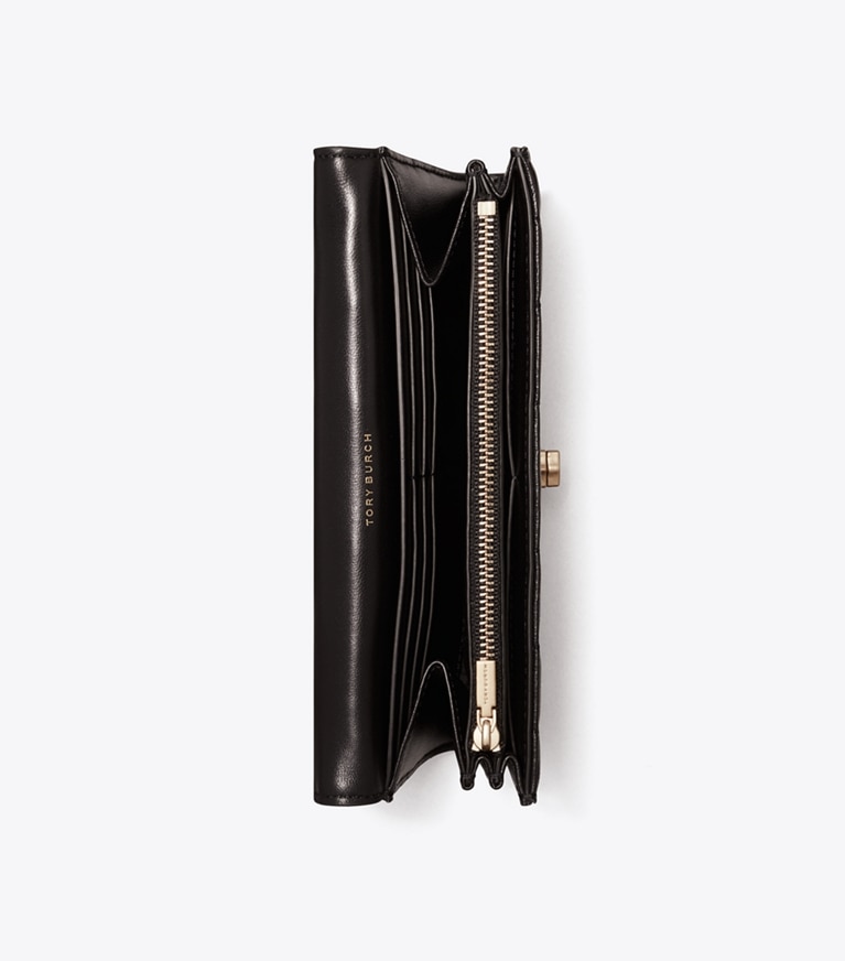 Tory Burch designer portefeuilles Portefeuille matelassé Kira dans Black / Rolled Gold vue du dessus