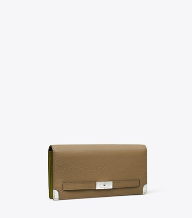 Tory Burch designer portefeuilles Portefeuille mince T grainé dans Wild Mushroom angle