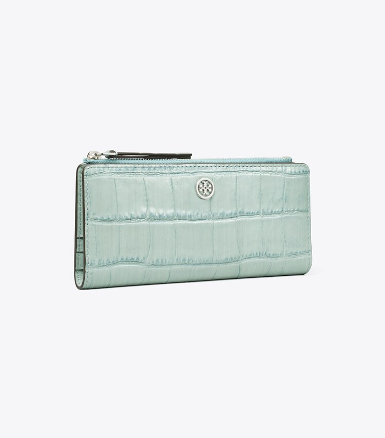 Tory Burch designer portefeuilles Portefeuille mince zippé Robinson à effet crocodile dans Blue Celadon angle