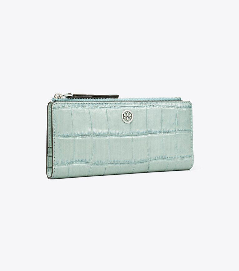Tory Burch designer portefeuilles Portefeuille mince zippé Robinson à effet crocodile dans Blue Celadon angle