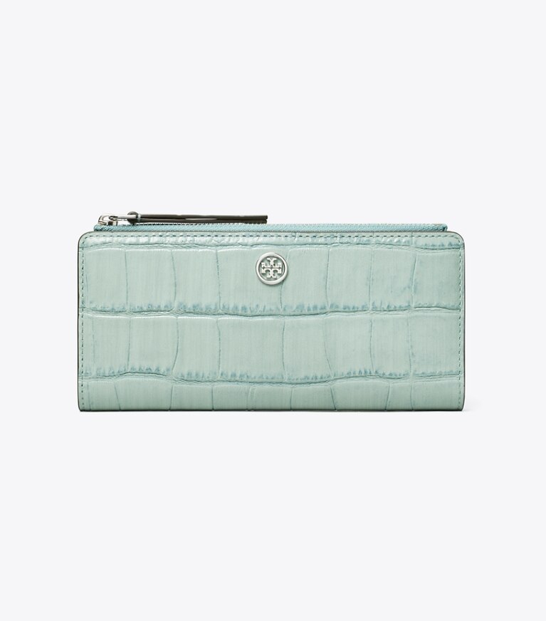 Tory Burch designer portefeuilles Portefeuille mince zippé Robinson à effet crocodile dans Blue Celadon de face