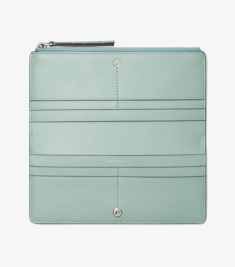 Tory Burch designer portefeuilles Portefeuille mince zippé Robinson à effet crocodile dans Blue Celadon vue du dessus