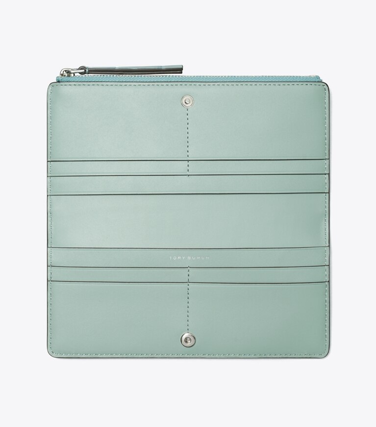 Tory Burch designer portefeuilles Portefeuille mince zippé Robinson à effet crocodile dans Blue Celadon vue du dessus