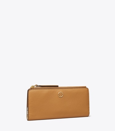 Tory Burch designer portefeuilles Portefeuille mince zippé Robinson grainé dans Tiramisu angle