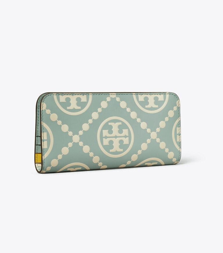 Tory Burch designer portefeuilles Portefeuille mince zippé T Monogram contrastant en relief dans Blue Celadon / New Cream angle