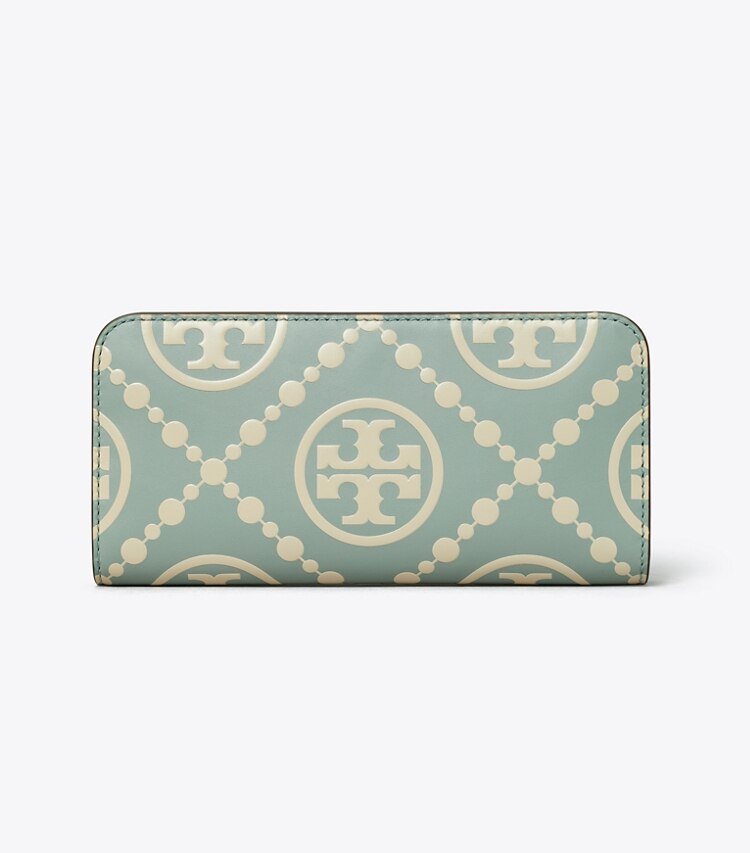 Tory Burch designer portefeuilles Portefeuille mince zippé T Monogram contrastant en relief dans Blue Celadon / New Cream de face